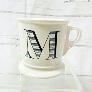 Anthropologie M Monogram Letter White Coffee Cup Mug Shaving Style Black Stripes